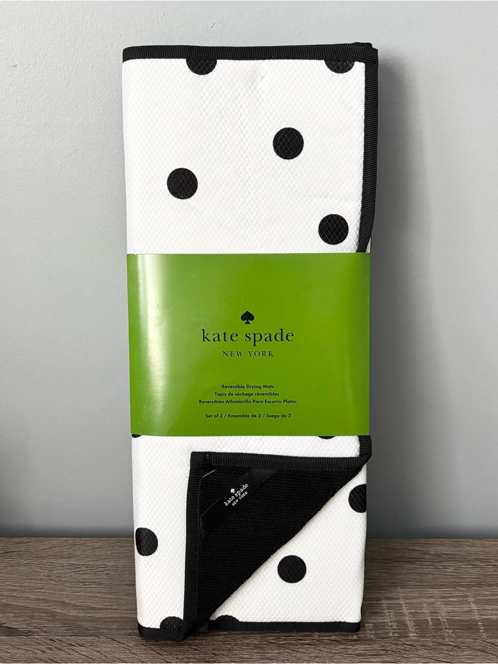Kate Spade Polyester Reversible Drying Mat NEW Black White Polka Dot 16x22”